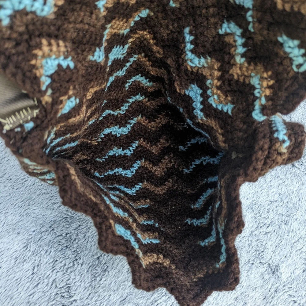 Handmade Crocheted Ripple Shoulder‎ Bag & Accessory Pouch Set Blue & Brown
